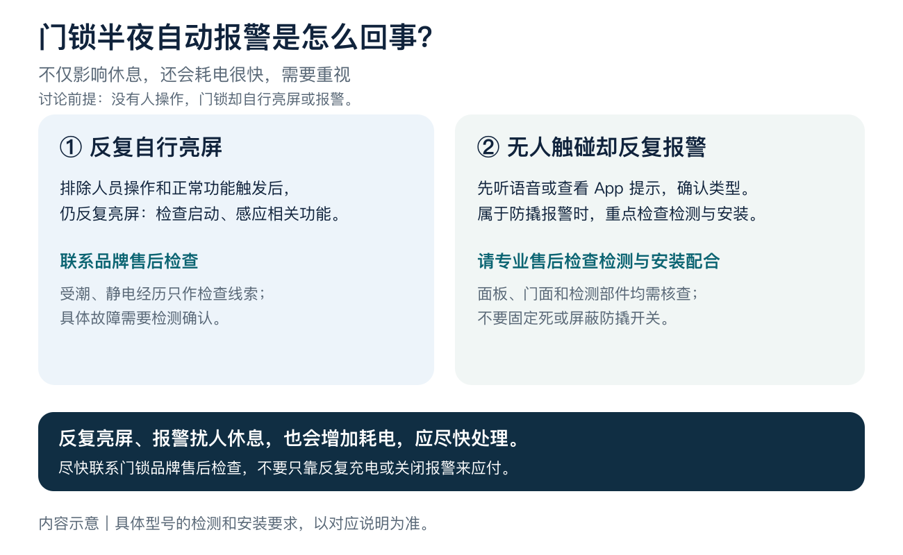 无人操作时门锁反复自行亮屏或报警的两条检查方向示意