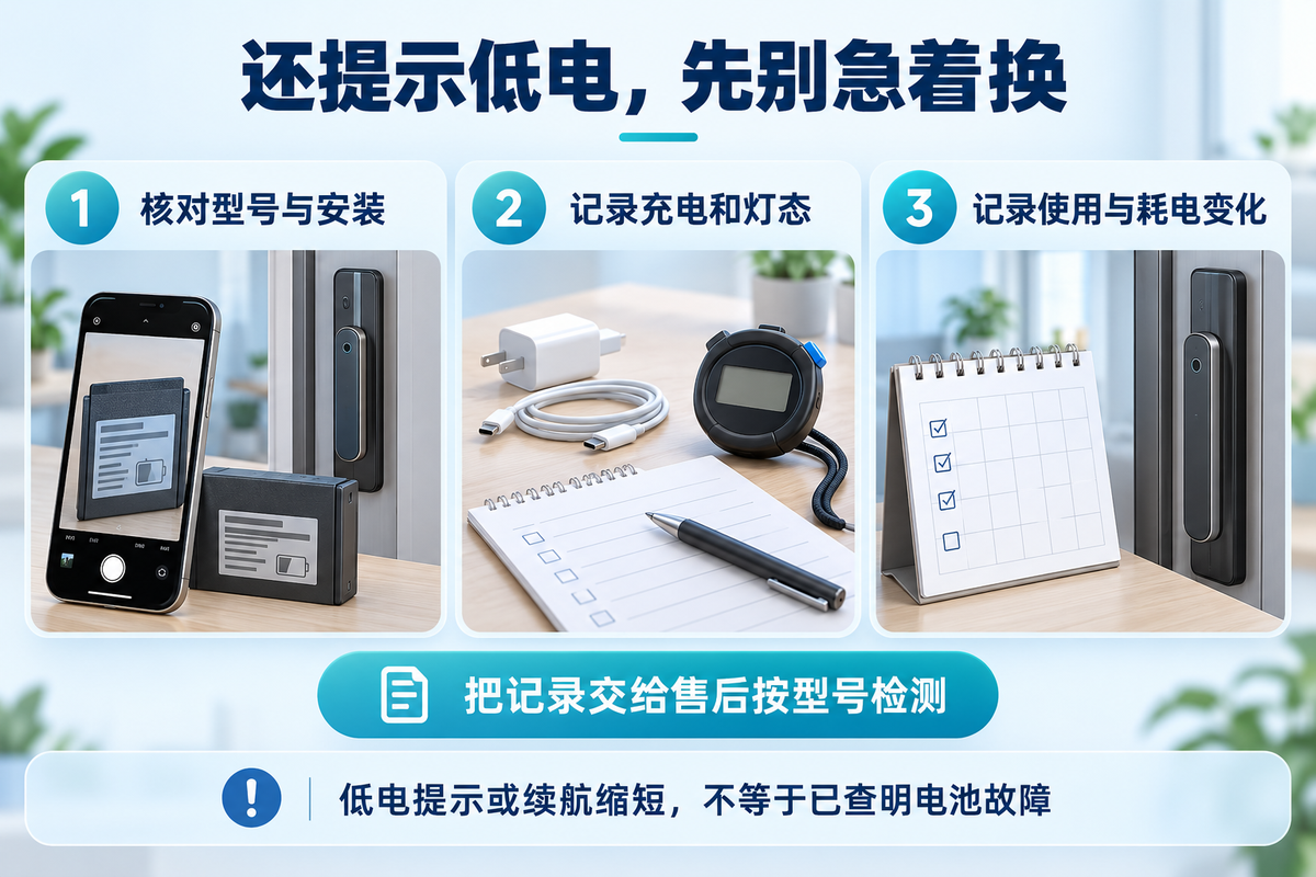 低电提示与续航缩短时核对型号安装、记录充电灯态和使用耗电变化，再交给售后检测