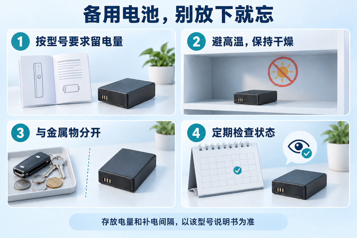 备用门锁电池按型号留电量，避高温保持干燥，与金属物分开并定期检查