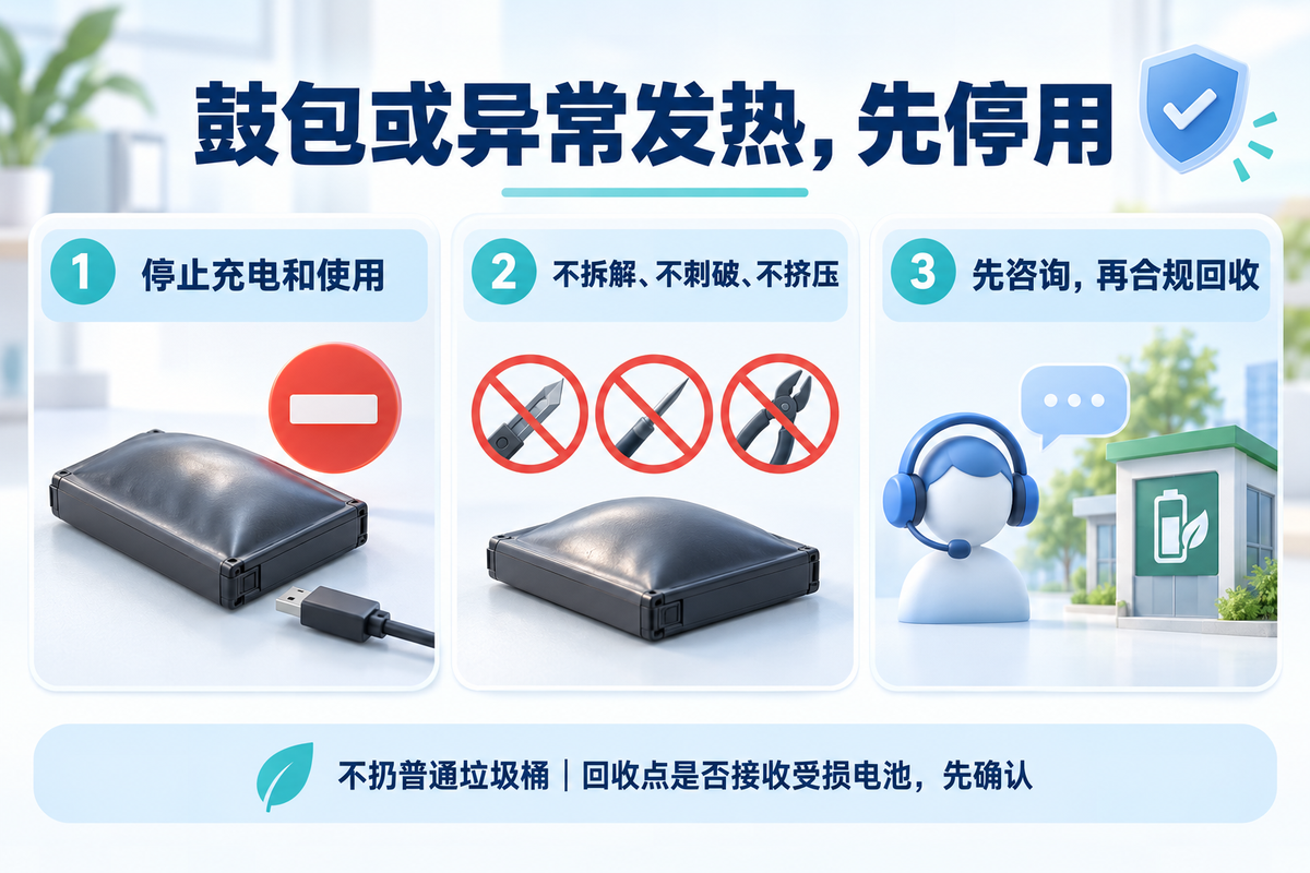 鼓包或异常发热时停止充电和使用，不拆解刺破挤压，先咨询受损电池回收机构