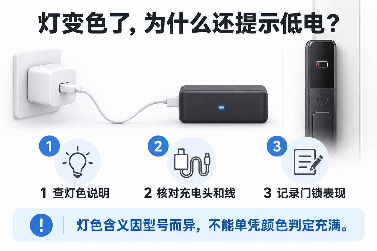充满提示与低电提示不一致时,核对灯色说明、充电头和线,并记录门锁表现