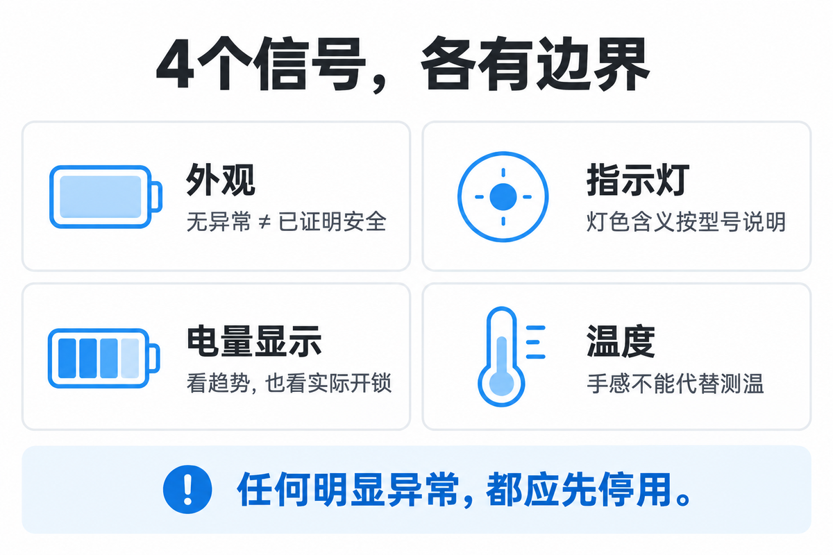 四个信号的边界:外观无异常不等于已证明安全,灯色按型号说明,电量结合实际开锁,手感不能代替测温