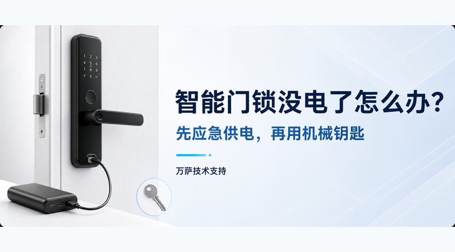 智能门锁通过 USB 线连接充电宝应急供电,旁边显示机械钥匙